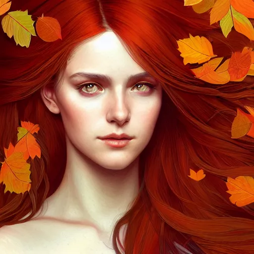 Image similar to girl with super long hair, hair becoming autumn red leaves, intricate, highly detailed, digital painting, artstation, concept art, smooth, sharp focus, illustration, unreal engine 5, 8 k, art by artgerm and greg rutkowski and alphonse mucha