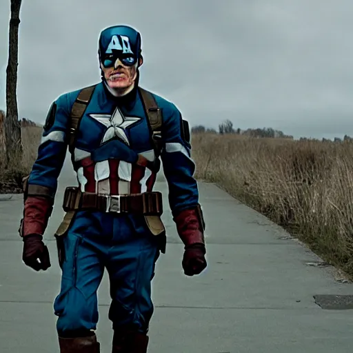 Prompt: film still of Zombie Captain America