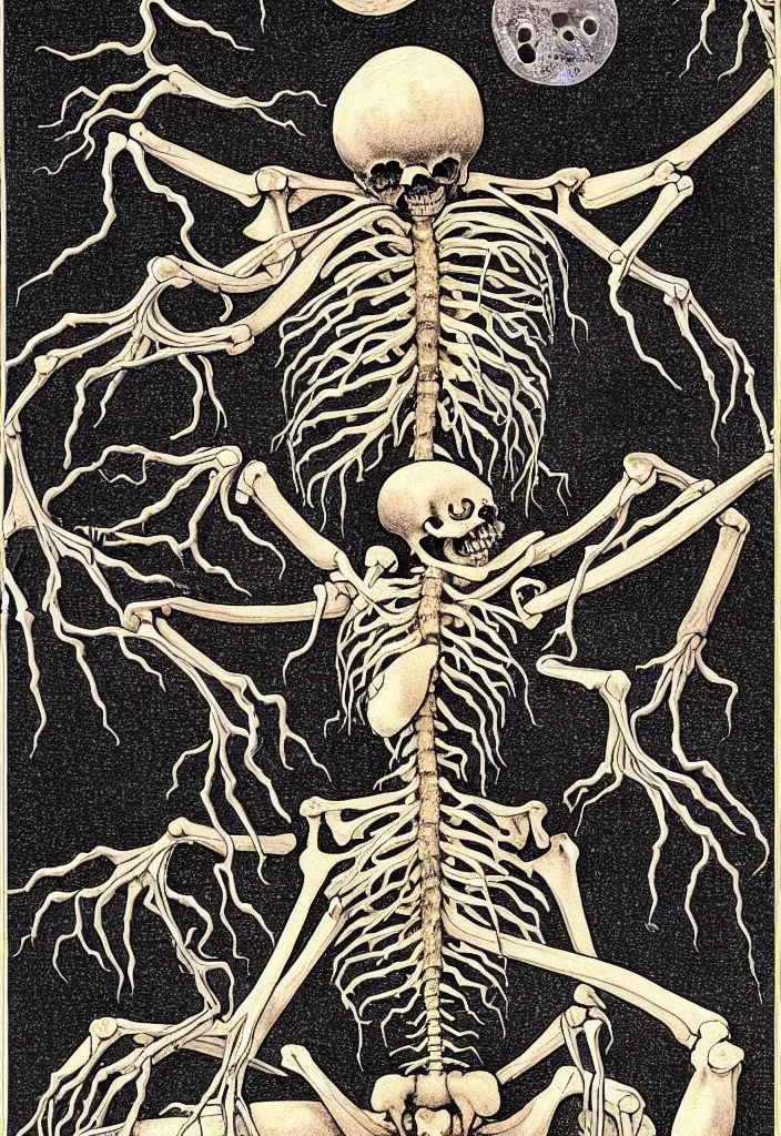 Image similar to prompt: anatomy dissection drawing skeleton Bonsai tree squid creature roots merging into big moon drawn by Takato Yamamoto, bonsai skeleton anatomy atlas, veins and organs attached to tree roots, alchemical objects inspired by 1980's sci-ci, old experimentation cabinet, intricate oil painting detail, manga 1980