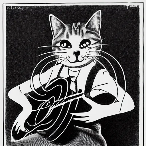 Image similar to cat playing guitar, rubber hose, felix the cat, pie eyes, 1 9 3 0 s, bw