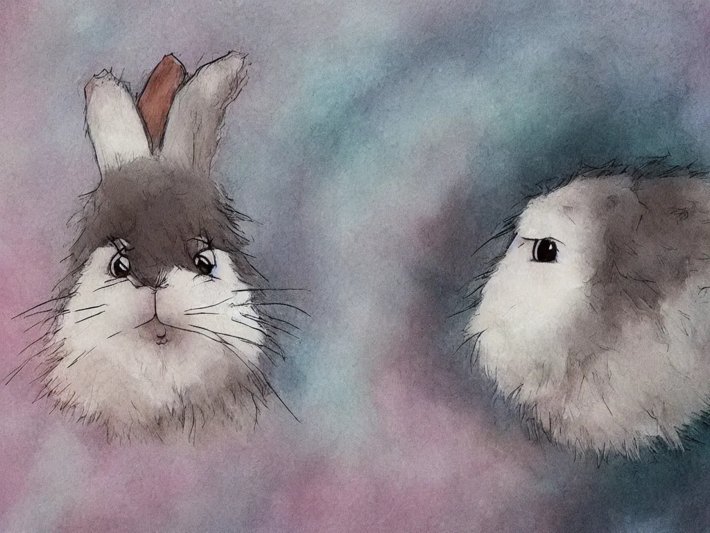 Prompt: a fluffy bunny, thought bubble above head, Aesthetically pleasing, by Hayao Miyazaki and Studio Ghibli, fine art, official media, high definition, illustration, ambient lighting, HDR, HD, UHD, 4K, 8K, cinematic, high quality scan, award winning, trending, featured, masterful, dynamic, energetic, lively, elegant, intricate, complex, highly detailed, Richly textured, Rich vivid Color, masterpiece.