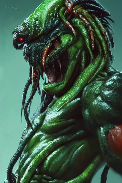 Image similar to pierre emmanuel saubade mixed with the predator from 1 9 8 6 movie, artstation, concept art, smooth, sharp focus ilustration hq, painting in the style of the movie poster, octane render, hyperrealistic, green tones