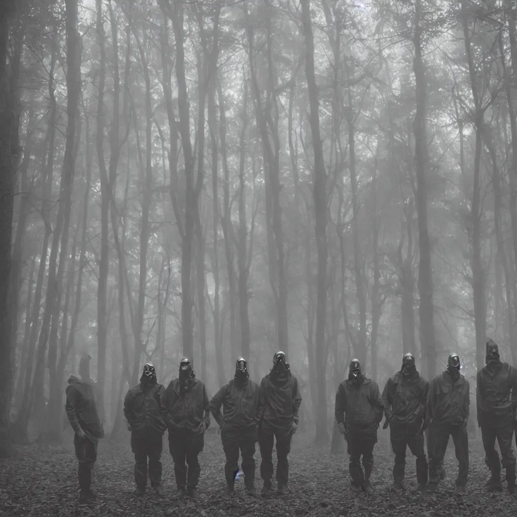 Image similar to high realistic photo portrait group of men with gas masks in a foggy forest, cinestill 800t 35mm, heavy grain, high quality