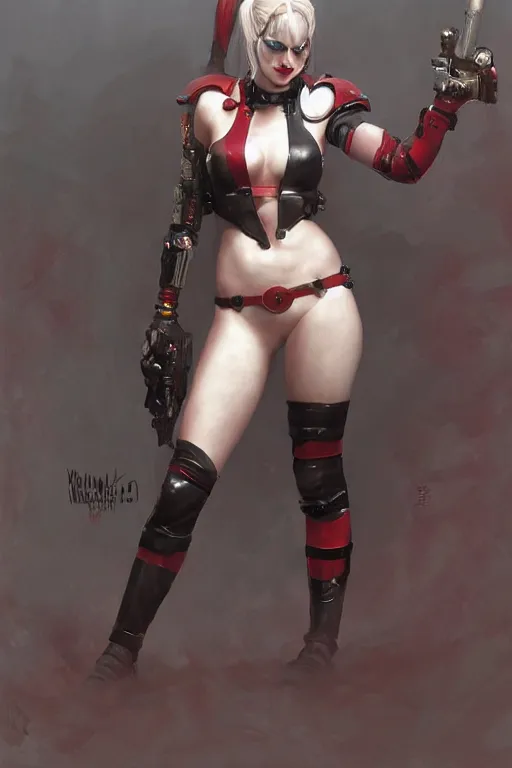 Image similar to portrait of Harley Quinn in bikini armor, dc comics, cyberpunk, Warhammer 40000, dark fantasy, digital art from artstation by Ruan Jia and Mandy Jurgens and Artgerm and william-adolphe bouguereau