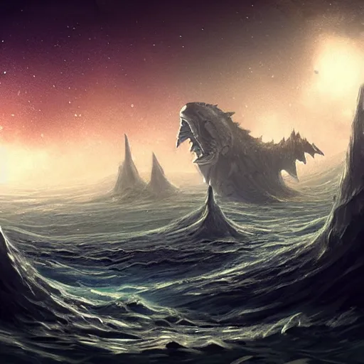 Image similar to stars shine deep below the surface of a dark sunless sea, leviathan, fantasy art, trending on artstation