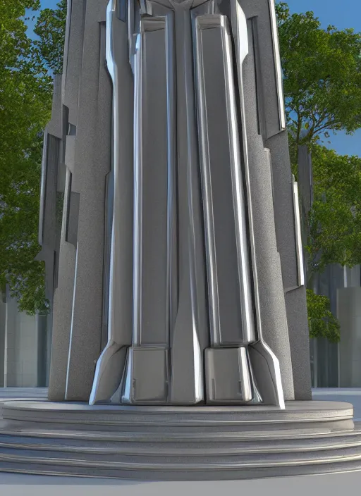 Image similar to highly detailed realistic architecture 3 d render of a futuristic mirrored stele monument in frank lloyd wright style standing in city park, archdaily, made in unreal engine 4 octane render