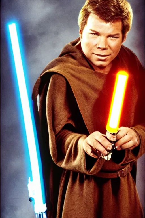 Prompt: photorealistic!! young adult william shatner as a jedi knight, brown jedi robe, holding a yellow lightsaber, film quality