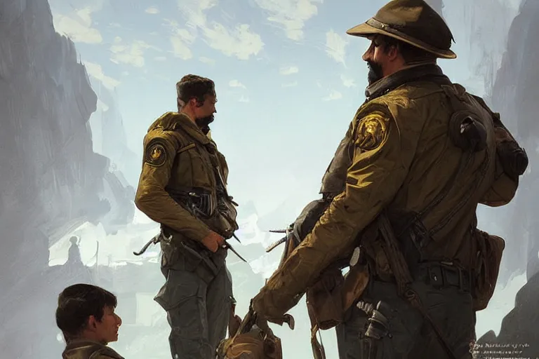 Prompt: border guards surprised to discover eu flag, realistic painting, symmetrical, highly detailed, digital painting, artstation, concept art, smooth, sharp focus, illustration, cinematic lighting, art by artgerm and greg rutkowski and alphonse mucha