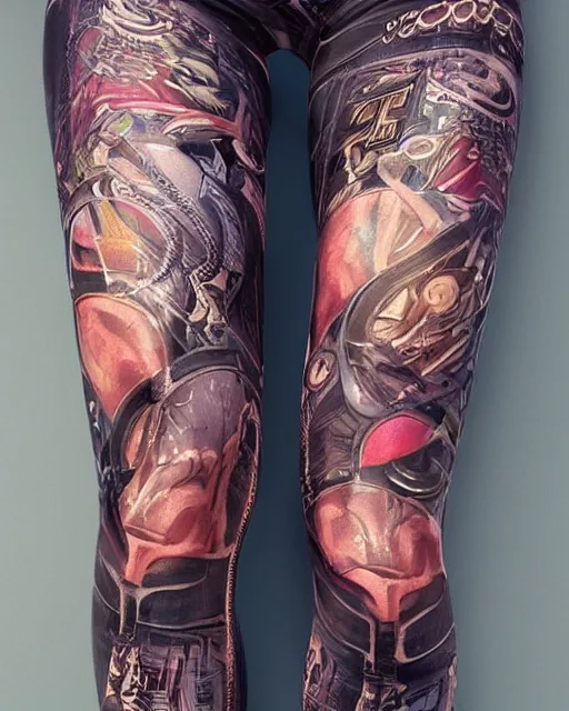 Image similar to Perfect leggings pattern imitating tattoos, focus on the pants, completely frontal and 100 percent symmetrical close-up on legs, highly detailed, digital painting, artstation, concept art, smooth, sharp focus, illustration, art by Artgerm and Hajime Sorayama