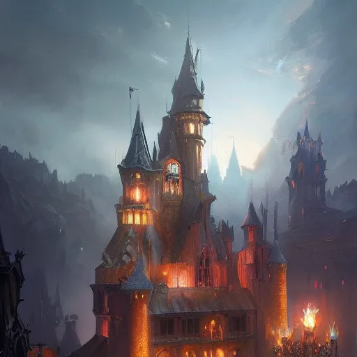 Image similar to a fantasy castle, dramatic lighting, city background, chiaroscuro, high detail, painted by greg rutkowski, painted by igor kieryluk, painted by bobby chiu, trending on artstation