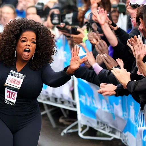 Image similar to oprah running marathon shouting and screaming hands in the air