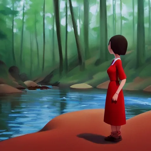 Image similar to goro fujita ilustration brunette girl in red dress crossing ( a small river in a forest ), painting by goro fujita, sharp focus, highly detailed, artstation