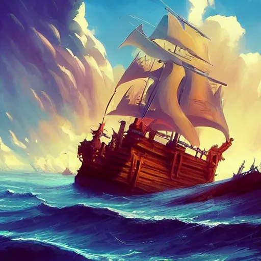 Image similar to ocean wherea large pirate ship is sailing, pirates flag, cgsociety, fantasy art, 2 d game art, concept art, heavenly lighting, retrowave, behance hd, concept art by jesper ejsing, by rhads, makoto shinkai cyril rolando, madgwick, cory loftis, anime studio and pixar animation studio and disney