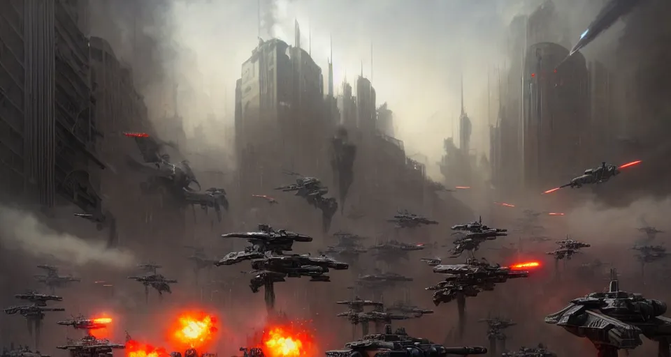 Image similar to hyper realistic sci - fi matte concept art painting of epic cinematic battle between mechwarriors fighting in a city, guns, missiles, explosions, beautiful details, strong composition painted by kim jung guweta studio rutkowski, james gurney and greg rutkowski, and lucasfilm, smooth, intricate, detailed, sharp focus, cinematic