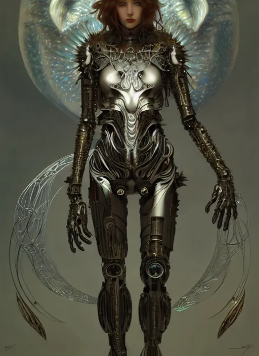 Image similar to organic cyborg wolf, full body, diffuse lighting, fantasy, intricate, elegant, highly detailed, lifelike, photorealistic, digital painting, artstation, illustration, concept art, smooth, sharp focus, art by John Collier and Albert Aublet and Krenz Cushart and Artem Demura and Alphonse Mucha