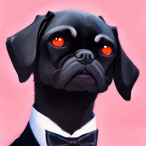 Image similar to a realistic portrait of anthropomorphized black pugalier dog wearing suit and tie, photographic realistic background, by atey ghailan, by greg rutkowski, by greg tocchini, by james gilleard, by joe fenton, by kaethe butcher, trending on instagram, award winning details