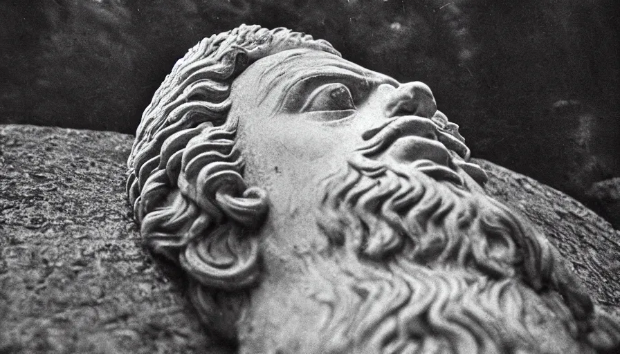 Image similar to 1 9 6 0 s movie still close up of marcus aurelius in emperor clothes frozen to death by the side of a river, pine forests, cinestill 8 0 0 t 3 5 mm b & w, high quality, heavy grain, high detail, texture, dramatic light, anamorphic, hyperrealistic, detailed hair, foggy