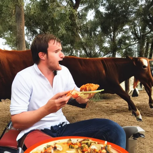 Prompt: an attractive man with brown hair eating shrimp while riding a cow