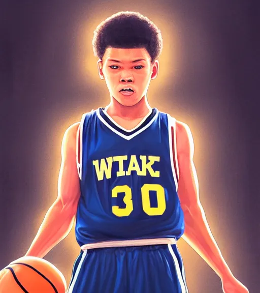 Image similar to portrait of a boy at a basketball court playing basketball wearing a basketball jersey in a basketball court standing near the basketball hoop, intense emotion, detailed facial expression, detailed surroundings, intricate, elegant, highly detailed, centered, digital painting, artstation, concept art, smooth, sharp focus, illustration, by (Michelangelo), WLOP