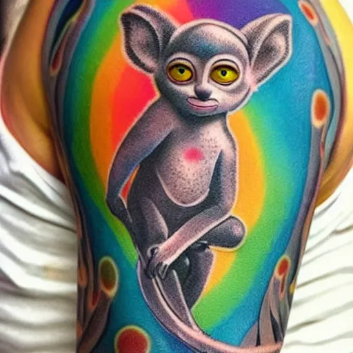 Image similar to shoulder tattoo of a multicolored hallucinating meditating cute bush baby, eyes are rainbow spirals, furry, happy mood, surrounded with colorful magic mushrooms and rainbow marihuana leaves, insanely integrate