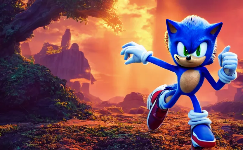 Image similar to a stunning cinematic render of sonic, movie scene, octane render, vivid colors, 32k, denoise, 3d shaders, ambient occlusion, renderman, , high sample render, deep colors, dramatic lighting