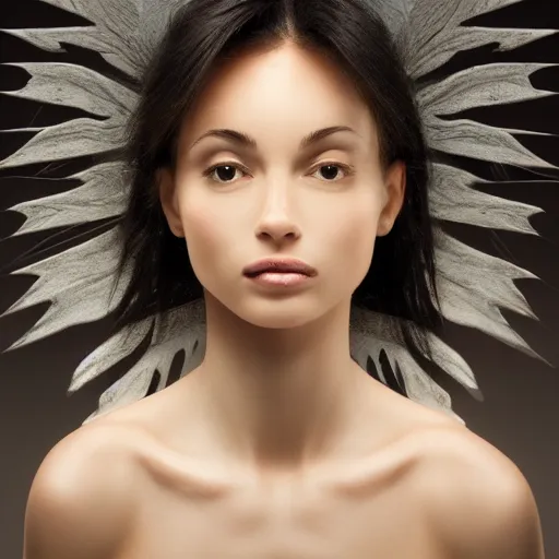 Image similar to beautiful female angel, mixed races, asymmetrical face, ethereal volumetric light, sharp focus