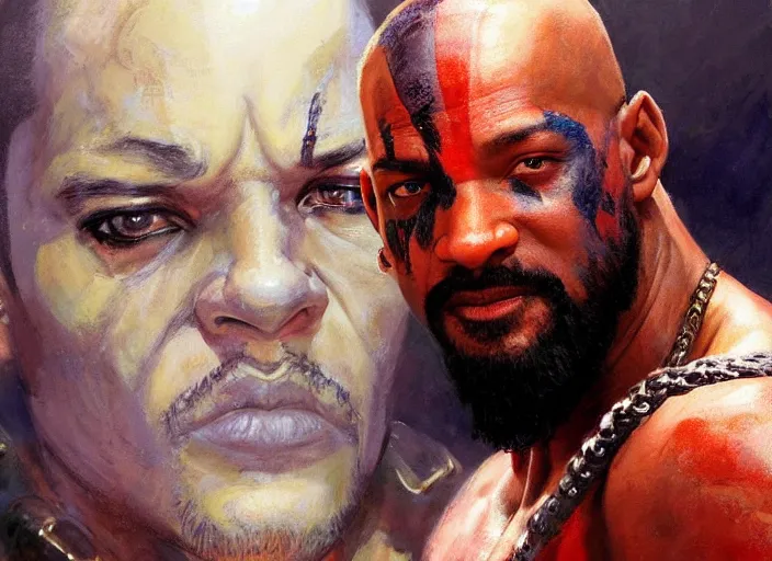 Prompt: a highly detailed beautiful portrait of will smith as kratos, by gregory manchess, james gurney, james jean