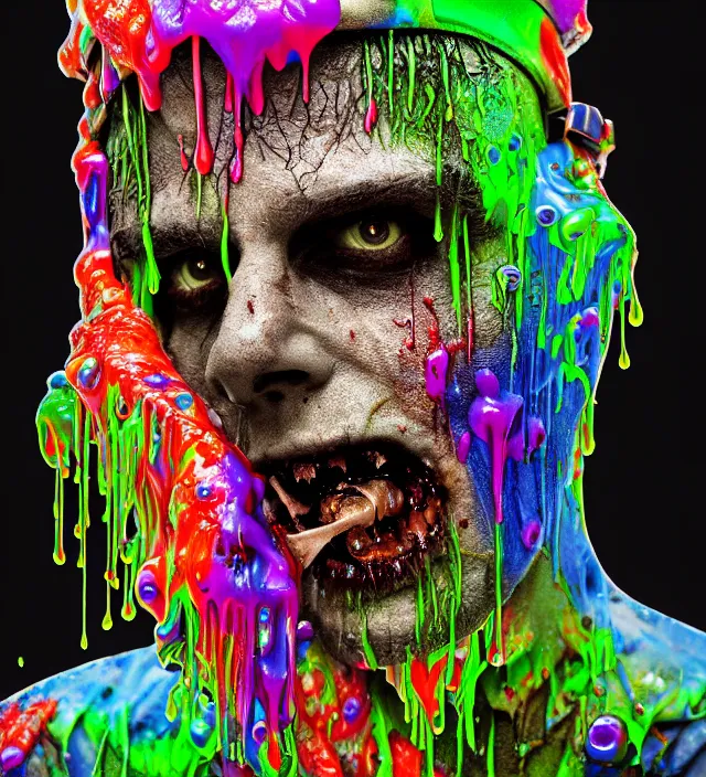 Prompt: beautiful 3 5 mm photograph of a slimy rotting zombie wearing a police uniform and police hat covered in colorful wet goop, dripping with colorful liquid, policeman, cop, biocop, intricate details, dark ambient, service cap, atmospheric, movie poster, poster, horror, elegant, super highly detailed, professional digital photo, artstation, concept art, 8 k