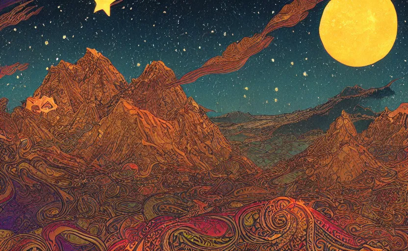 Prompt: mountains, stars and paisley filled sky, artstation, intricate, highly detailed, digital painting, concept art, sharp focus, illustration by Yoshitaka Amano and Ivan Bilibin