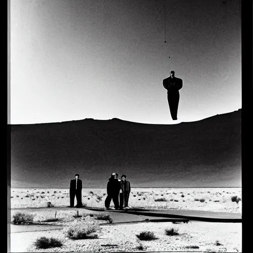 Prompt: president eisenhower aboarding a ufo in the desert, black and white photo