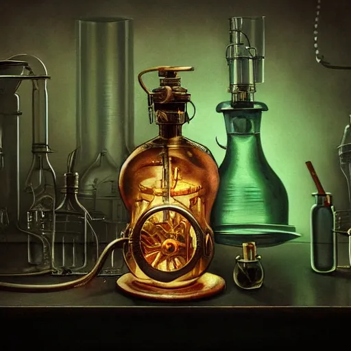 Prompt: a painting of a steampunk neon poisonous potion bottle in a dark dusty vintage science lab, by h. r. giger, hyperrealistic fantasy art, concept matte, ethereal, dreamy, digital art, trending on artstation, volumetric cinematic lighting