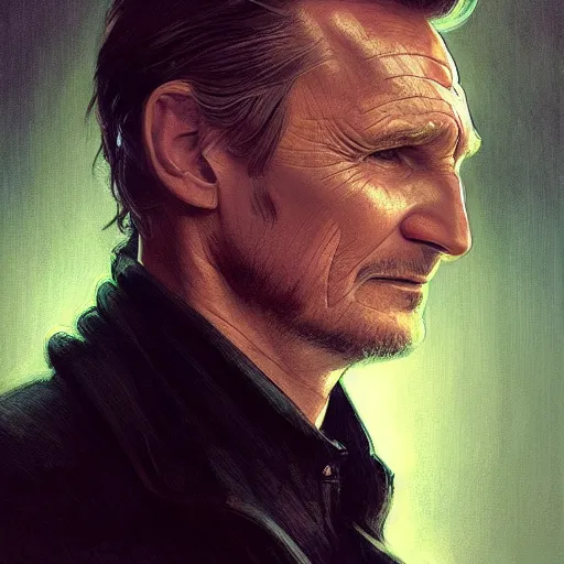 Prompt: portrait of Liam Neeson doing a throat chop, black suit, fantasy, intricate, elegant, realistic, highly detailed, digital painting, artstation, concept art, smooth, sharp focus, illustration, art by artgerm and greg rutkowski and alphonse mucha