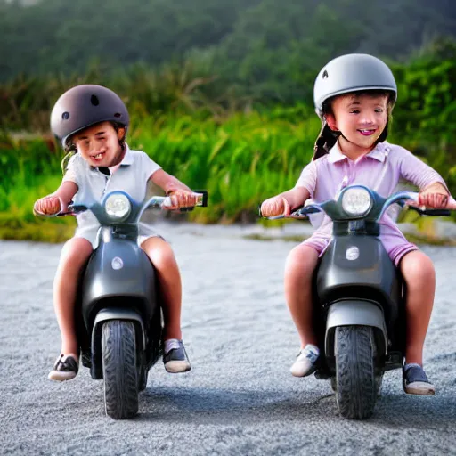 Image similar to very detailed stockphoto of two! little girls wearing a grey school uniform riding a scooter along the beach road