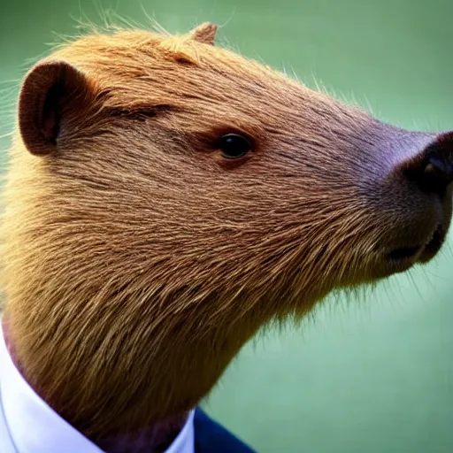 Image similar to capybara head, a man wearing a suit capybara head