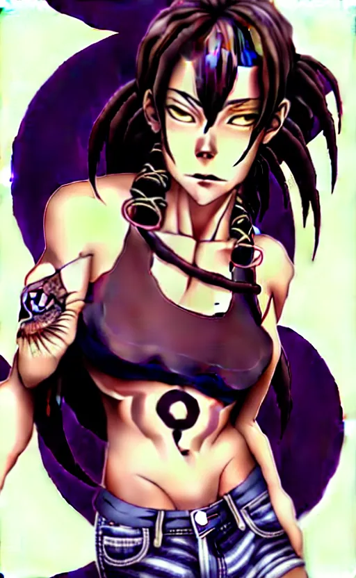 Image similar to a portrait of revy from black lagoon, dilraba dilmurarevy, smirk, black tank top, jean shorts, brown eyes, purple hair, tribal tattoos right arm sleeve, symmetrical eyes, symmetrical face, art by lois van baarle and loish and ross tran and rossdraws and sam yang and artgerm