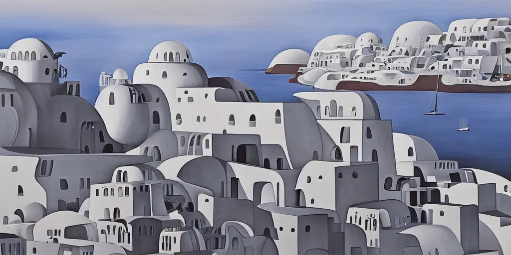 Image similar to a painting of abstract buildings like santorini by zaha hadid and yves tanguy