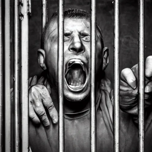 Image similar to a screaming prisoner holding prison bars, realism