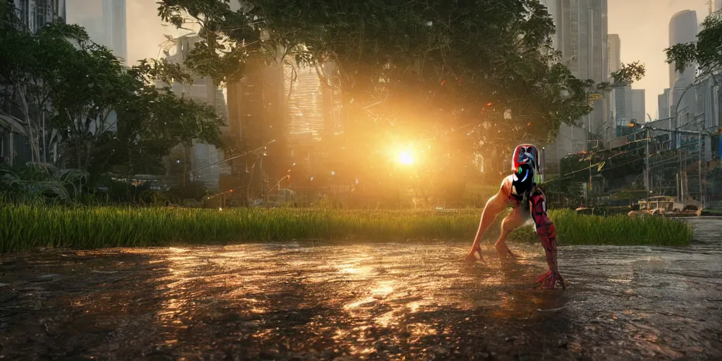 Image similar to spiderman in webb, surrounded by lush green vegetation, ground - level view, puddles of water, spiderweb, stunning volumetric lighting, sunset, trending on artstation, 8 k, photorealistic, hyper detailed, unreal engine 5, cinematic, epic lighting, cryengine, octane render, cyberpunk, red and orange glow, dark, gloomy