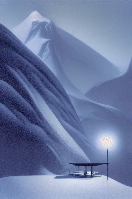 Image similar to a snowy mountain scene by arthur haas and bruce pennington and john schoenherr, cinematic matte painting, minimal modern, zaha hadid building, photo realism, neon lights, dark moody color palate,