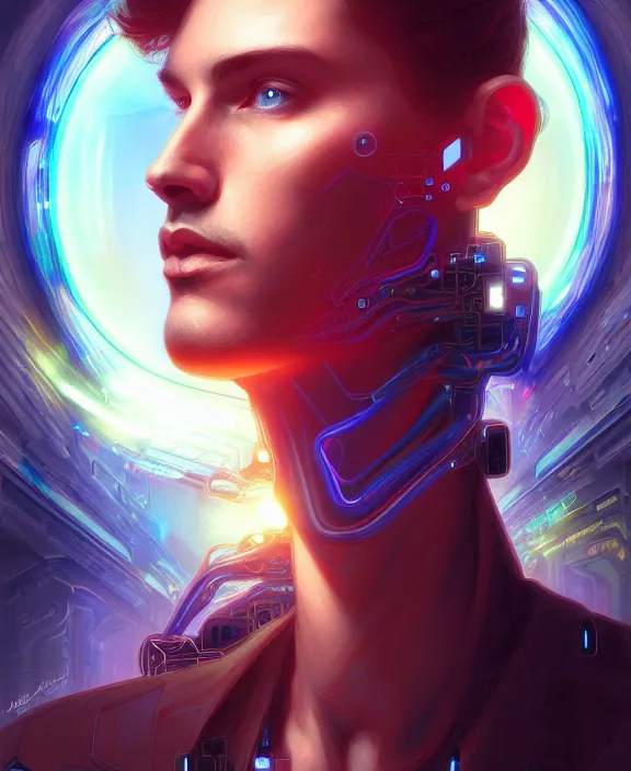 Image similar to a whirlwind inside the metaverse, guy, male, man, hologram, half body, neurochip, android, cyborg, cyberpunk face, by loish, d & d, fantasy, intricate, elegant, highly detailed, colorful, digital painting, artstation, concept art, art by artgerm and greg rutkowski and alphonse mucha