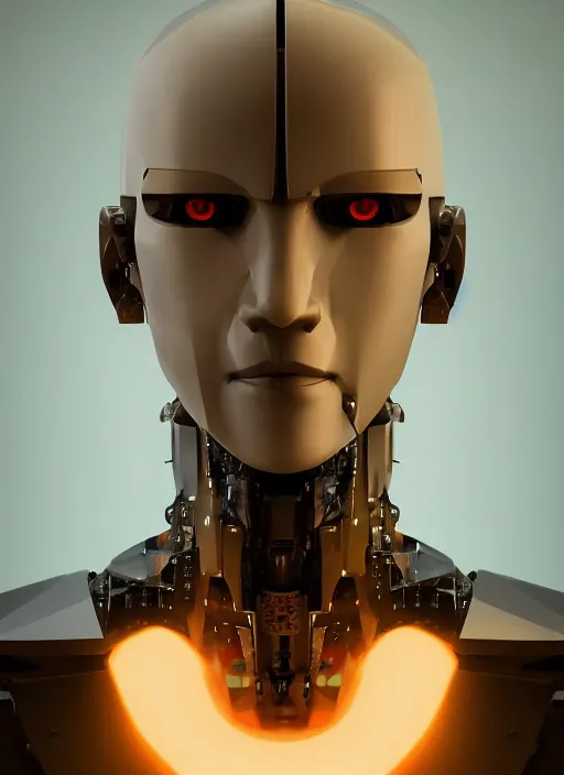 Image similar to bladerunner, cyberpunk, angled facial portrait of a bone ceramic caliente humanoid robot Spanish ninja with an attractive bald head and handsome features, large glowing eyes, macho, piroca, dotado, guapo, reflective surface, by Makoto Shinkai, trending on cgsociety, trending on artstation