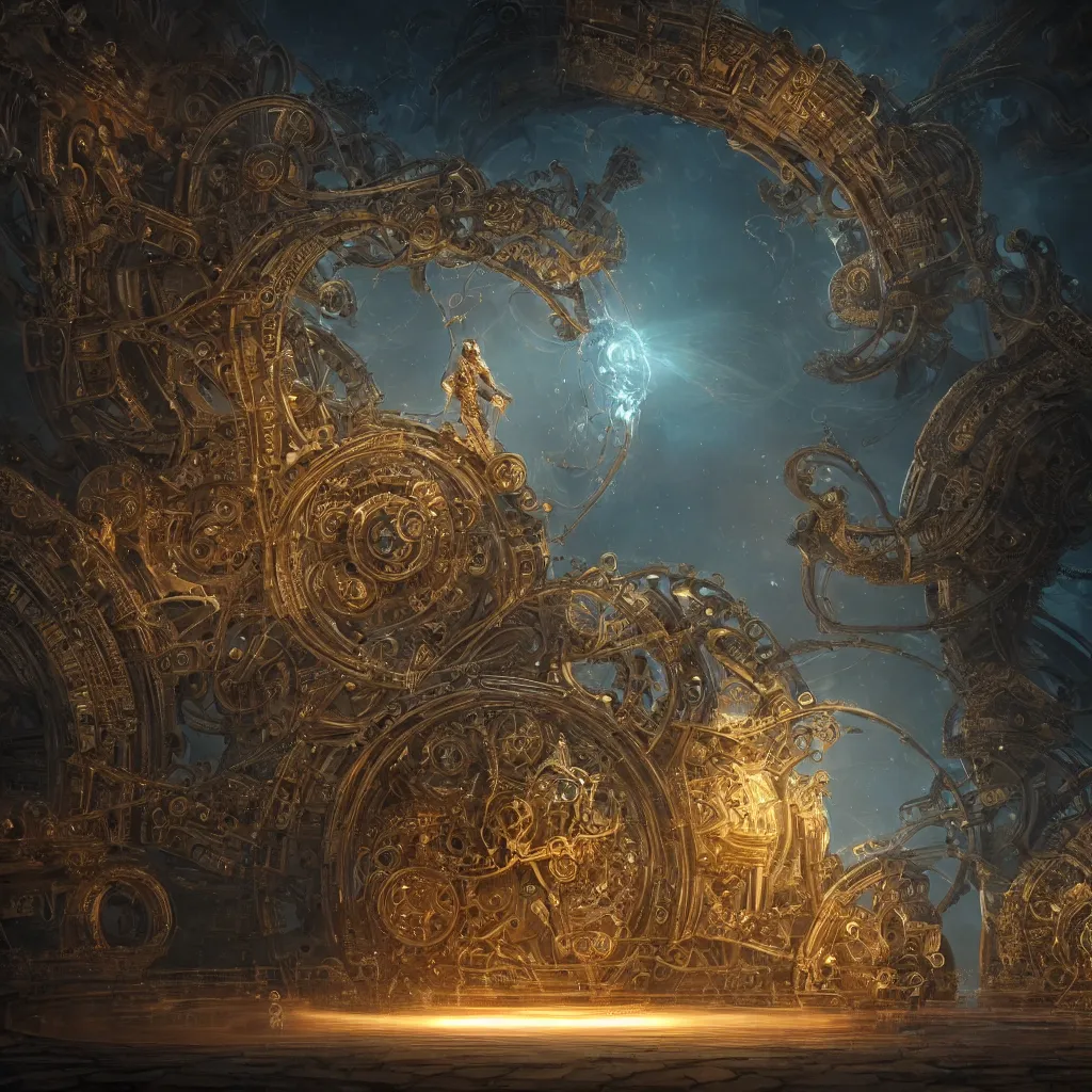 Image similar to time machine, mechanical fantasy, intricate, elegant, highly detailed, digital painting, concept art, smooth, sharp focus, illustration, divine realm of gods, realistic cinematic style, filmed in 70mm, volumetric lighting, octane render, photographic, concept art, artist Leonardo DaVinci, unreal engine 8k