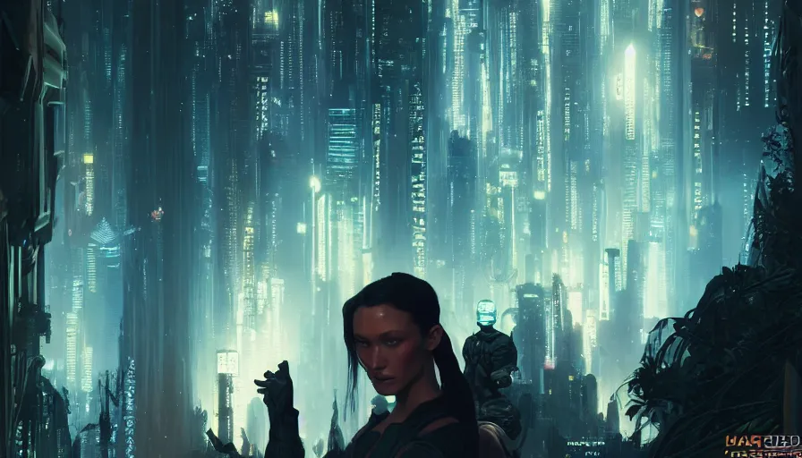 Image similar to altered carbon, bella hadid, sweaty, tech, warhammer, neon, lord of the rings, intricate, highly detailed, digital painting, artstation, concept art, smooth, sharp focus, illustration, unreal engine 5, 8 k, art by artgerm and greg rutkowski and alphonse mucha