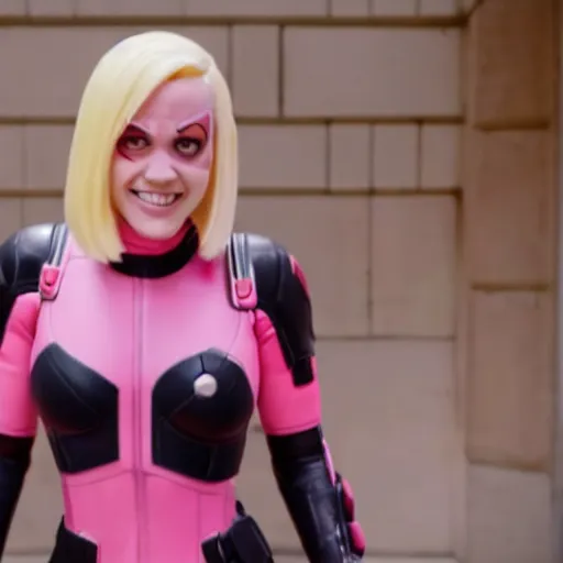 Image similar to A still of Gwenpool in Deadpool 3 (2023), blonde hair with pink highlights, no mask, white and light-pink outfit, smiling and winking at the camera, comics accurate design
