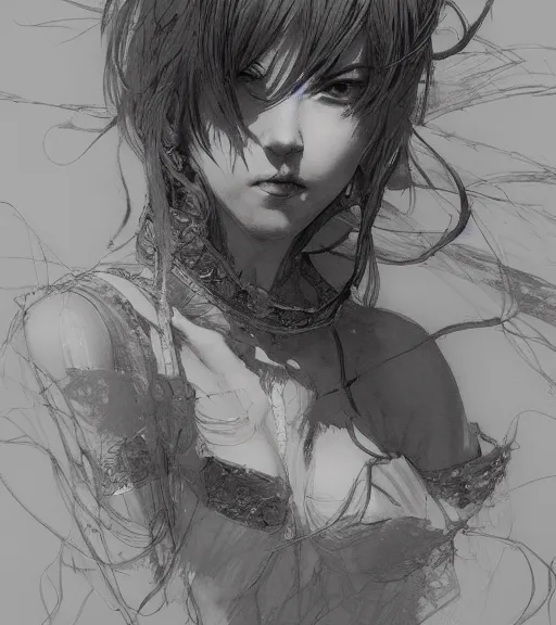 Image similar to portrait of anime woman, pen and ink, intricate line drawings, by craig mullins, ruan jia, kentaro miura, greg rutkowski, loundraw