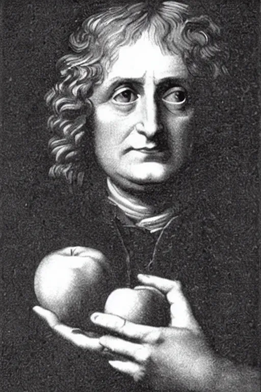 Image similar to isaac newton holding an apple, collage