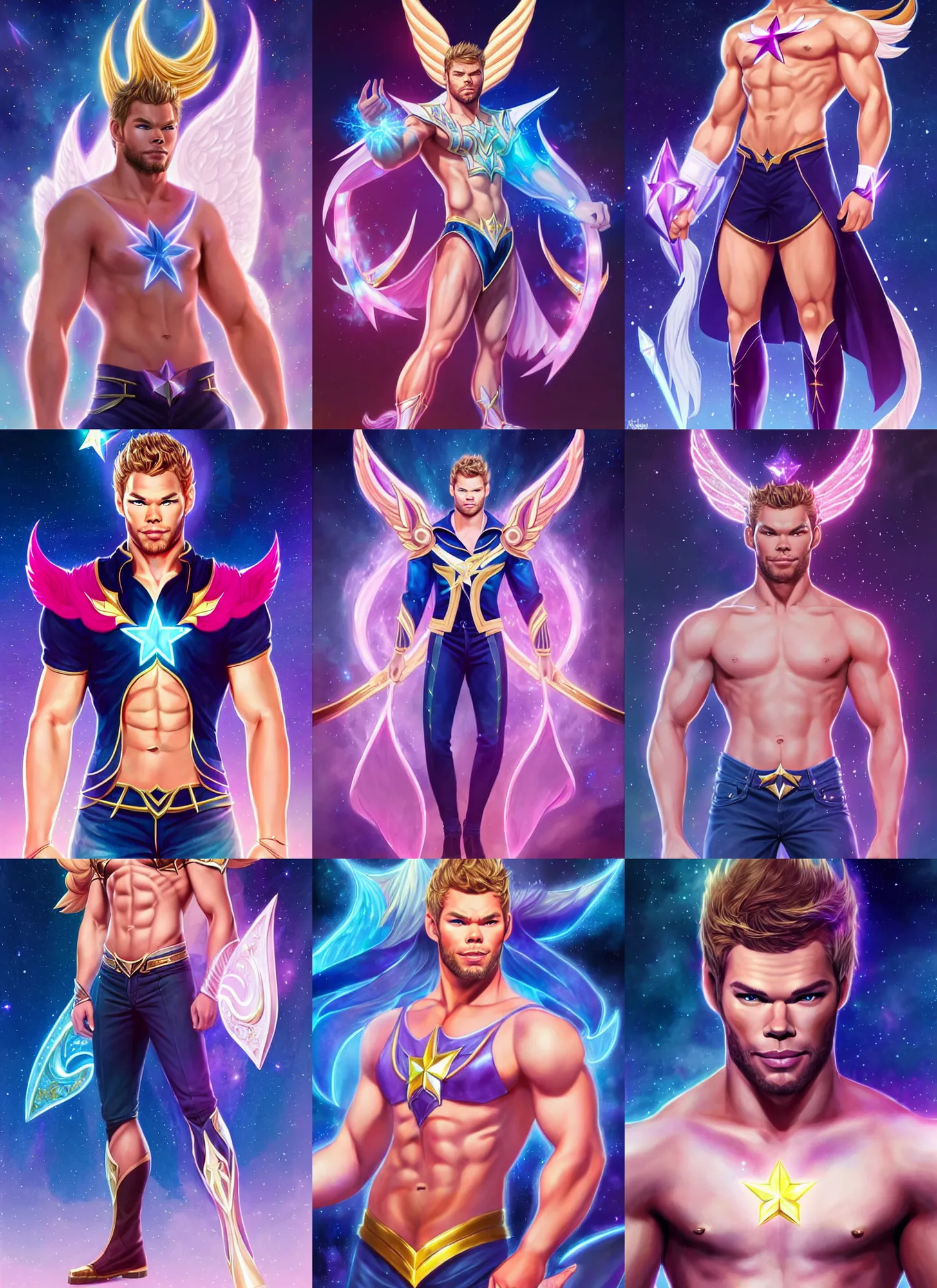 Prompt: full body portrait of kellan lutz as a magical star guardian. detailed face, concept art, intricate, highly detailed 8 k, smooth, sharp focus, handsome and aesthetic shape of face and body, artgerm, artstation, art by zexi guo and nira and junpei suzuki and gharliera and rinotuna