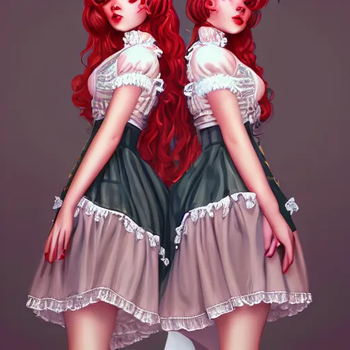 Image similar to twins wearing a lolita dress, full body shot, red hair, highly detailed, digital painting, artstation, concept art, smooth, sharp focus, illustration