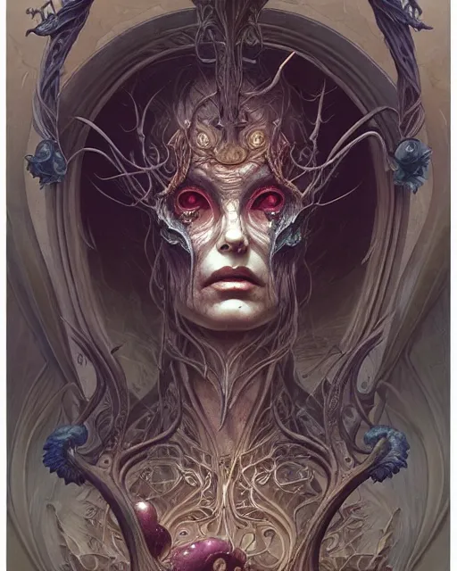 Image similar to perfectly centered portrait front view of a dead rotten beautiful female daemon growing ornamentation, ornate, detailed, symmetrical, elegant, beautifully soft lit, by wayne barlowe, peter mohrbacher, kelly mckernan