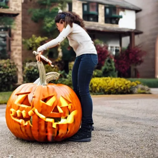 Prompt: a pumpkin being inflated with a bike pump